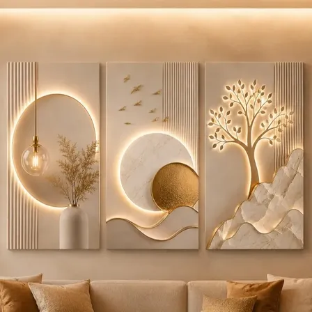Quadros Decorativos Trio Árvore Pássaros Gold Clean 62x30cm Borda Infinita Mdf Carvalho Vinílico Conforme Imagens