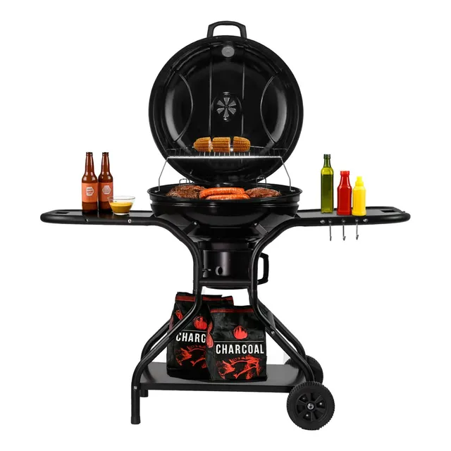 Asador De Carbón Portátil 56 Cm Con Mesas Laterales Negro