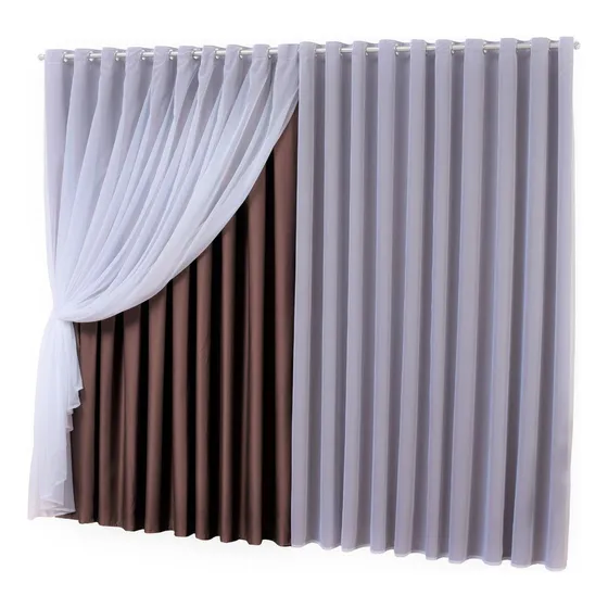 Cortina Voil com Forro Blackout Tecido Cor Marróm Lisa com Tela Cor Branco Tamanho 2.9 m x 4 m