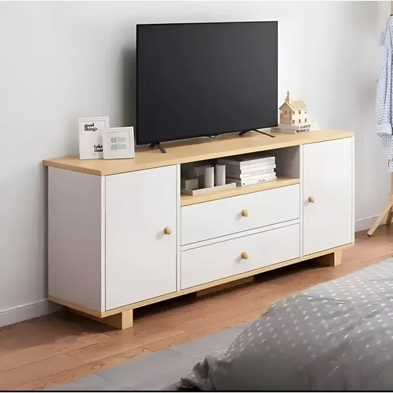 Rack Tv Madera Mdf Natural 4 Puertas 1 Estante 120x30x54cm