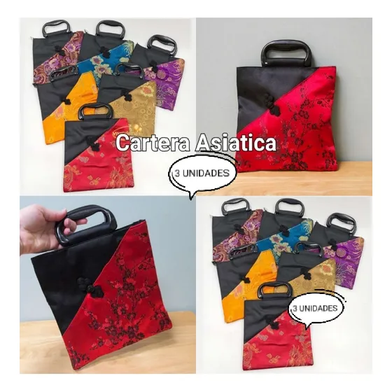 Cartera Asiatica De Mano Asa Color Y Estampado 3 Unidades