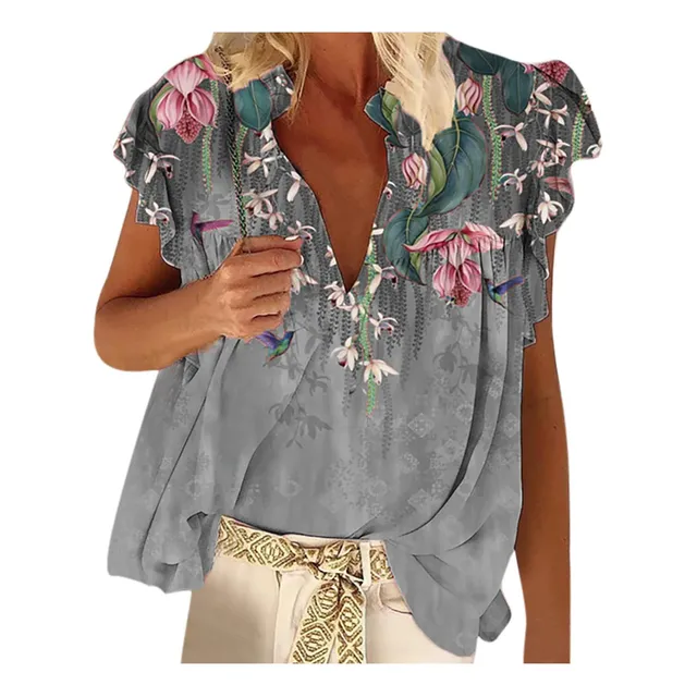 2023 Camiseta Floral Cuello V Manga Volante Estampado Casual