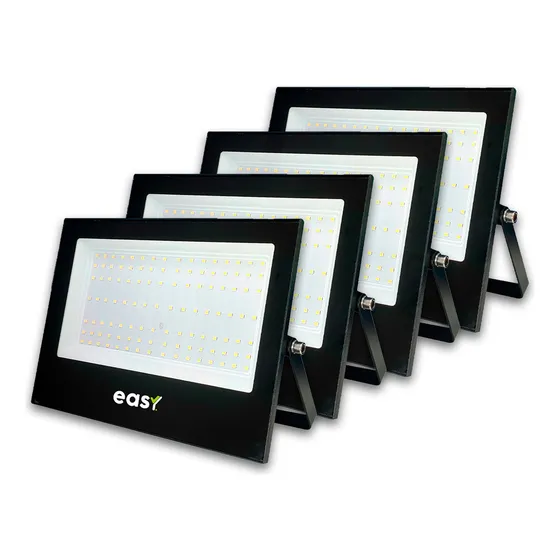 Kit 4 Refletor Led Holofote 200w 6500k Á Prova D Agua Easy Carcaça Preto Luz Branco-frio