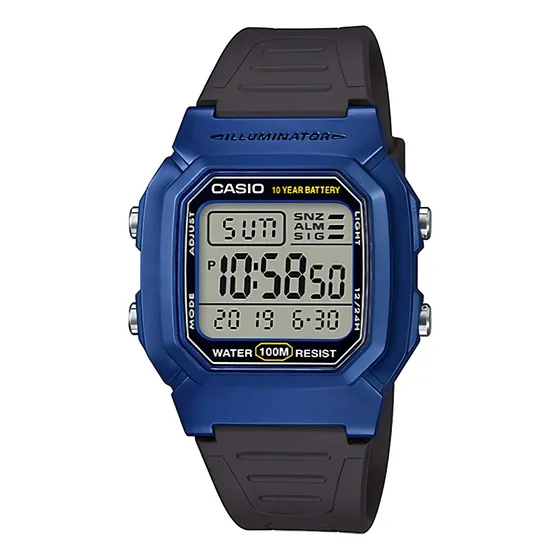 Reloj pulsera Casio Digital con correa de resina color negro - fondo blanco - bisel azul