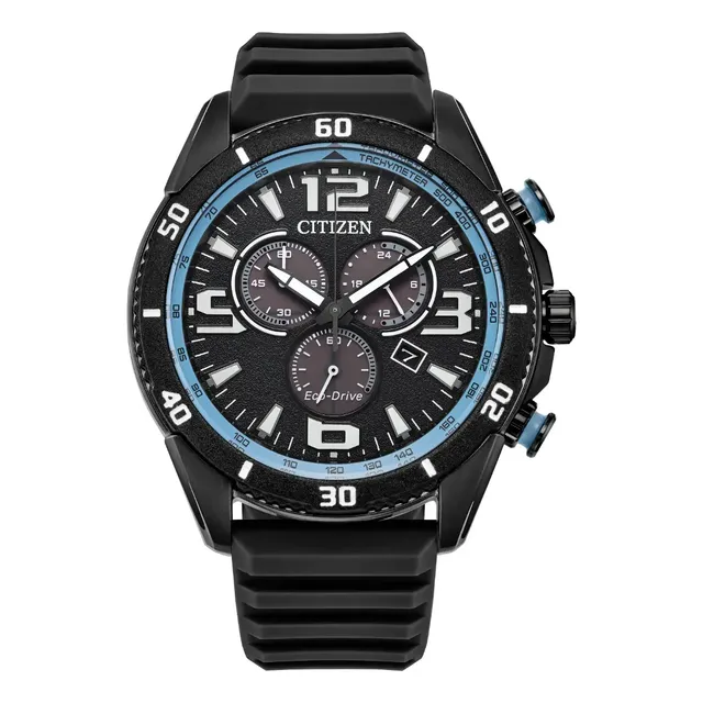 Reloj Citizen Brycen At2587-02e Para Hombre. Correa Negro Bisel Azul Claro Fondo Negro