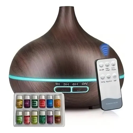 Pack Humidificador Aire Difusor Aromaterapia 500ml + 12 Esencias Humidificador Ultrasónico Difusor Aromas Aromatizador Ambiente Luz Led Usb Portátil Silencioso Diseño Madera Marin Incluye Esencias | Cuotas sin interés
