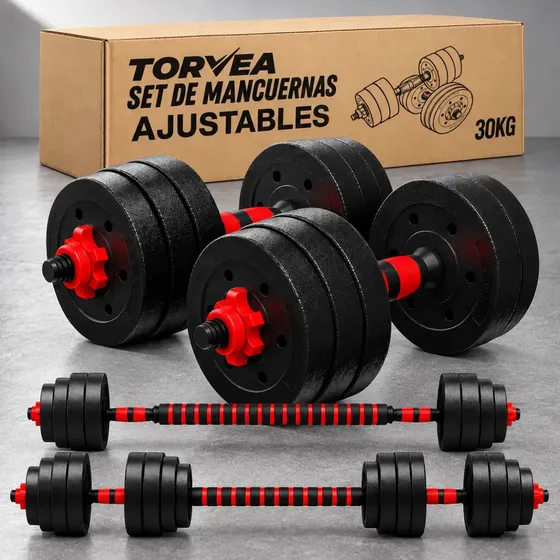 Set de Mancuernas y Barra Ajustable de 30 kg para Gimnasio y Ejercicio en Casa Torvea