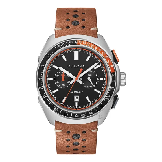 Reloj cronógrafo Bulova Racer 98b427 con correa y bisel marrón, fondo negro/naranja y negro