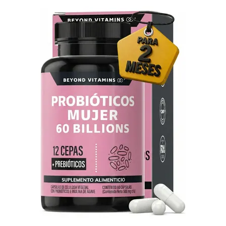 Probióticos Mujer 60 Billion + Prebióticos (prebiotic) + Inulina De Agave 12 Cepas Beyond Vitamins - Probióticos Femeninos - Probióticos Vaginales Flora - Candida Cleanse Fibra - 60 Cápsulas Sin Sabor