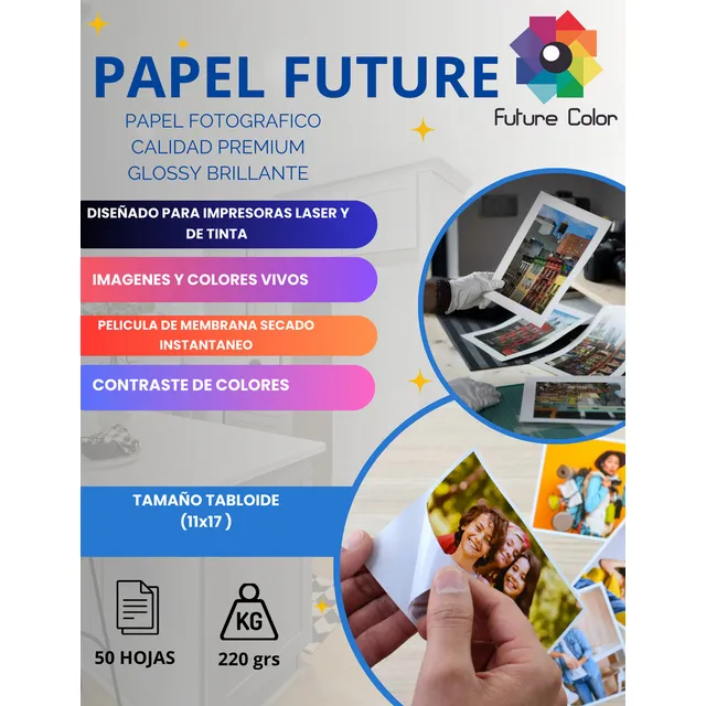 Papel Fotográfico Glossy Brillante Tabloide 220gr 50 Hojas Color Blanco