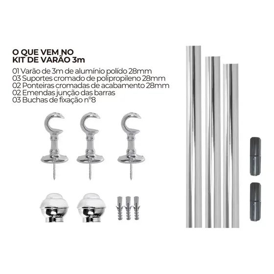 Kit Varão Completo Simples 3 Metros 28mm De Alumínio Polido