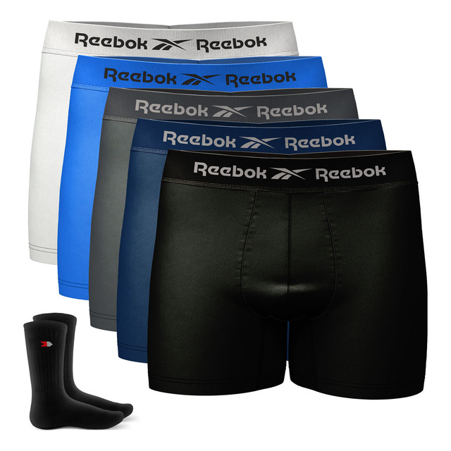 Kit 5 Cuecas Reebok Boxer Sem Costura Box+ 2 Meias Sandrini Kit 5 Cuecas Reebok Boxer Sem Costura Box+ 2 Meias Sandrini