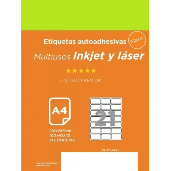 Papel A4 Mate Etiquetas Autoadhesivas 21x63.5x38mm 100 Hojas