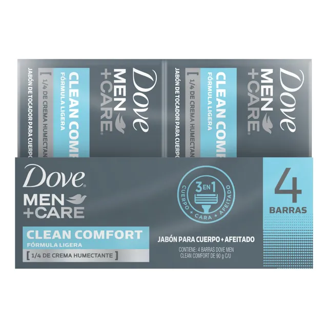 Dove Men+Care Jabón En Barra Clean Comfort Para Hombre Con 1/4 De Crema Humectante x4 Unidades 90g