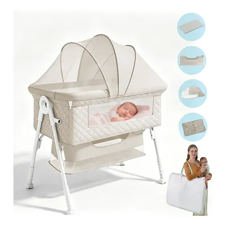 Berço Bebê Moises Ajustável Mosqueteiro Portátil Infantil Cor Sólida Branco Creme
