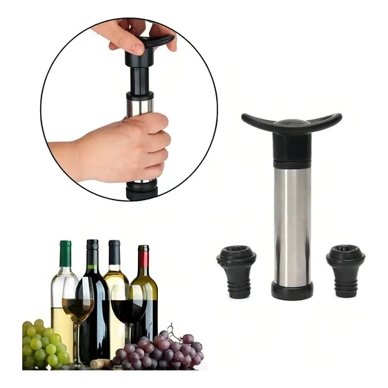 Bomba Vacio Para Botella De Vino Con 2 Tapones Acero Inox Color Plateado