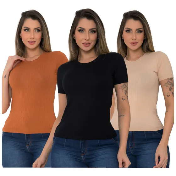 Kit 3 Blusinha Baby Look Canelada Basic Gola Redonda Casual