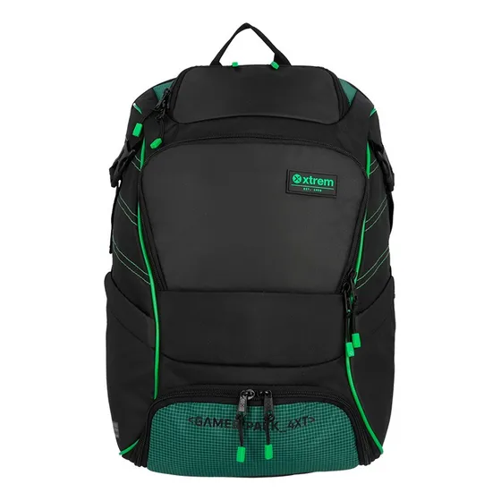 Mochila Porta Netbook Urbana con 5 Bolsillos Xtrem Gamerpack 4xt 30L con Mecanismo Antirrobo Negra/Verde