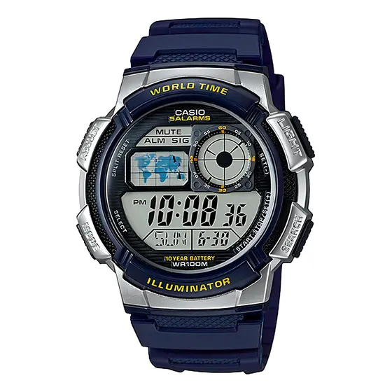 Reloj pulsera digital Casio AE-1000W-2A con correa de resina color azul - fondo negro