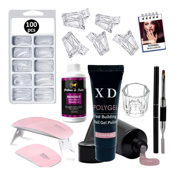Kit Polygel Poligel Monomer Pincel Duplo Presilhas Acrilica