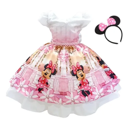 Vestido Festa Infantil Luxo Tema Minnie Vermelho 1 A 12 Anos