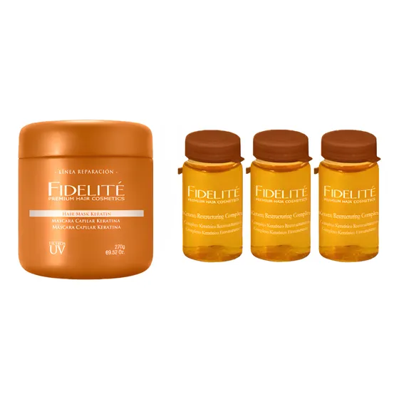 Máscara 270g + 3 Ampollas De 15ml C/u De Keratina Fidelite