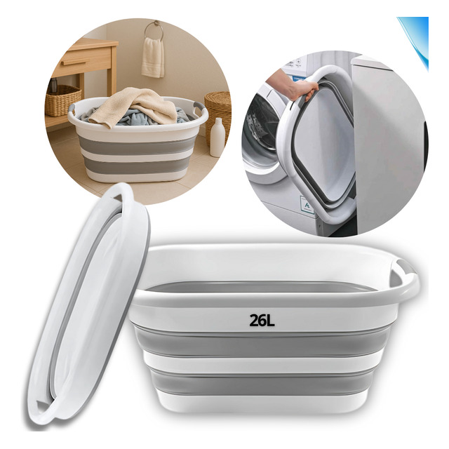 Cesto Retrátil Silicone 26l Dobrável Cinza Com Alça Cesto Retrátil Silicone 26l Dobrável Cinza Com Alça