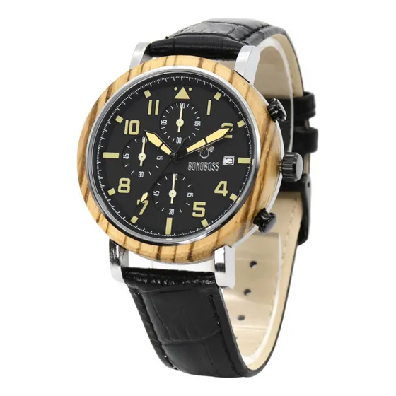 Reloj Cronógrafo De Madera Y Cuero Pichilemu Zebrano Chrono