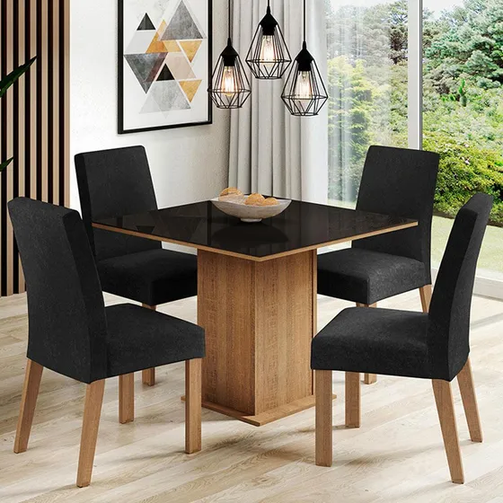 Mesa de comedor con tapa de cristal, 4 sillas Evelin Madesa, color Rpo, rústico/negro/Oxford, silla lisa, diseño de tela