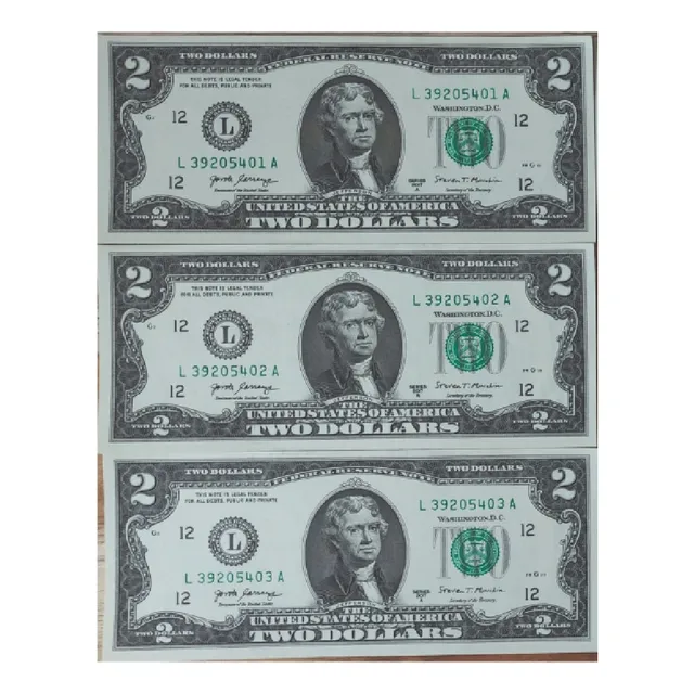 Billete De 2 Dólares En Serie, 3 Unidades Sin Circulación