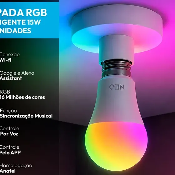 Kit 3 Lampada Led Pera Smart Inteligente Wi-fi 2.4 Ghz Embutir 15w Rgb Colorido E27 Neo Avant