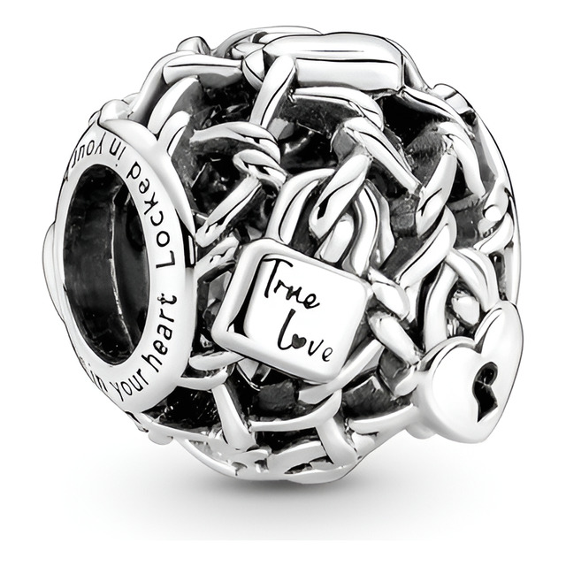 Charm Prata Vazado Corrente Com Cadeado Pandora Charm Prata Vazado Corrente Com Cadeado Pandora