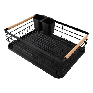 Escorredor De Bancada Para Pratos Em Ferro E Madeira 43x30.5cm Cor Preto