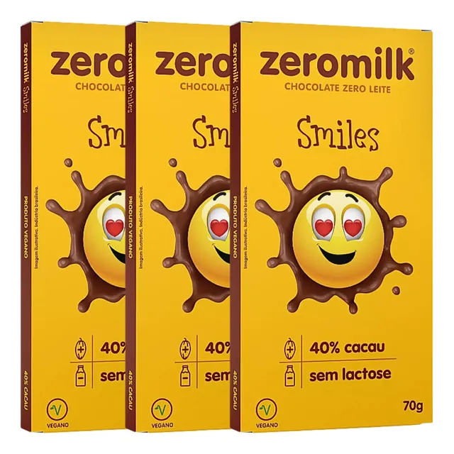 Kit 3 Chocolates Sem Lactose 40% Cacau Smiles 70g - Zeromilk