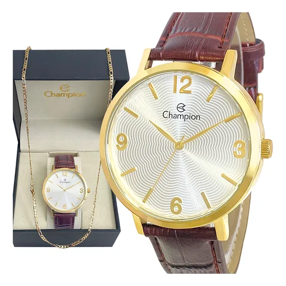 Relógio Champion Masculino Dourado Analógico Couro Original Luxo Mostrador Branco