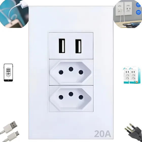 Tomada Dupla Usb Parede Bivolt Turbo  20a 4x2 Universal 