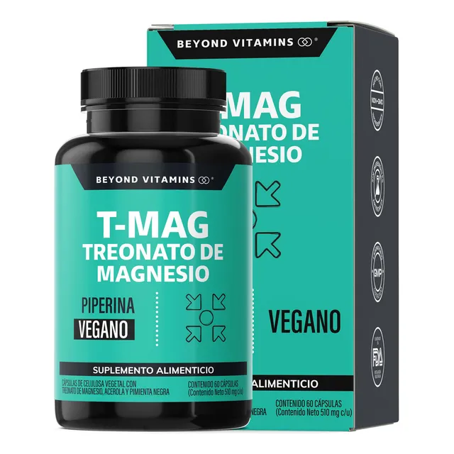 T-mag L- Treonato Magnesio, Magnesio Y Acerola | Alta Absorción Con Piperina Al 95% | Magnesium Threonate | Pimienta Negra Sin Azúcar - Suplemento Alimenticio Vegano Beyond Vitamins - 60 Cápsulas