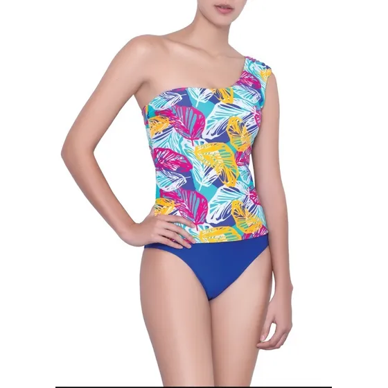 Tankini Top Asimétrico Con Panty Leaves