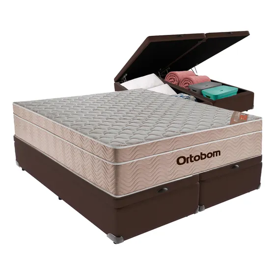 Cama Box Baú E Colchão Airtech Molas Ensacadas Queen Ortobom Cor Marrom