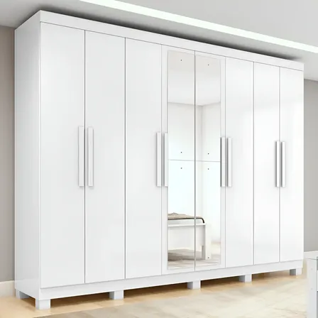 Guarda-roupa Casal Easy Slim 8 Pts C/ Espelho E Pés Branco