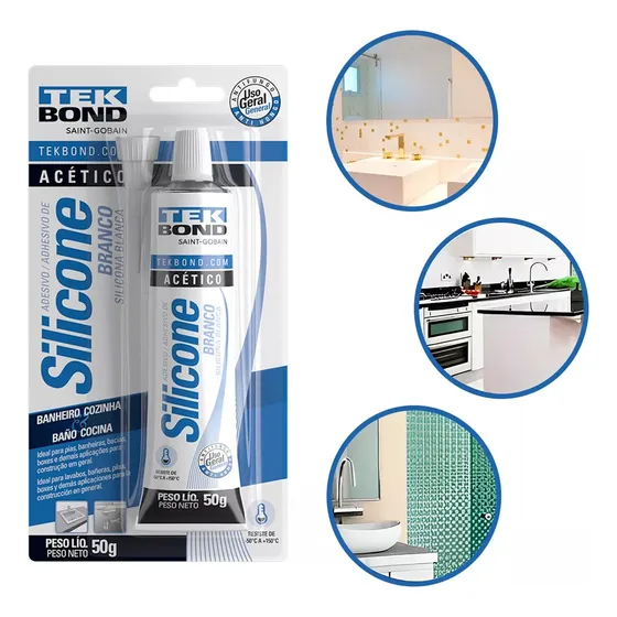 Cola Silicone Acético Branco 50g Tek Bond Vedação Reparos Pias Box Banheiras