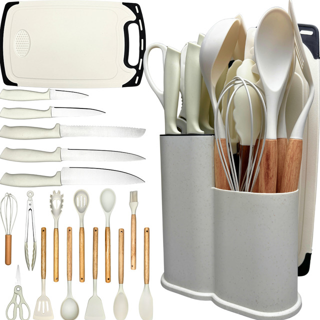 Kit Utensílios Silicone C/ Cabo De Madeira E Facas Em Inox