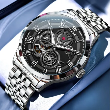 Olevs Relógio Masculino Original Aço Automático 7076 Prateado Preto