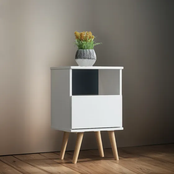 Mesa De Luz Mdp Blanca Con Un Cajón Y Patas De Madera