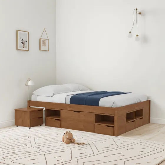 Cama Casal Multifuncional Madeira Maciça 6 Gavetas Fj