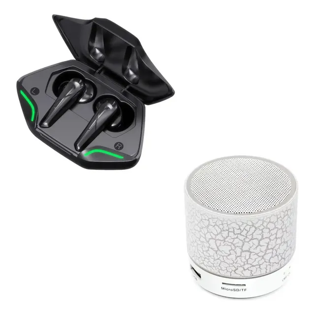Kit Audífonos Bluetooth G11 Negros Y Bocina Portátil Blanca