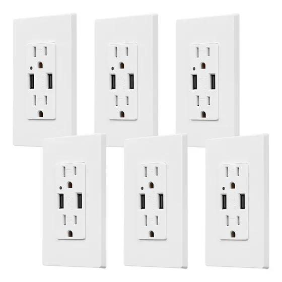 Pack of 6 Pared Tomacorrientes With Rapid Usb 4.2 A Dual, 2 Pared Plates Inclued
