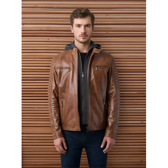 Chaqueta Belmont De Cuero Para Hombre Capucha Y Pechera