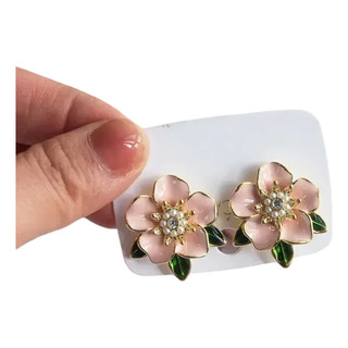 Aretes De Flores Rosas Pendientes Dorados Con Diamantes Dama Aretes De Flores Rosas Pendientes Dorados Con Diamantes Dama
