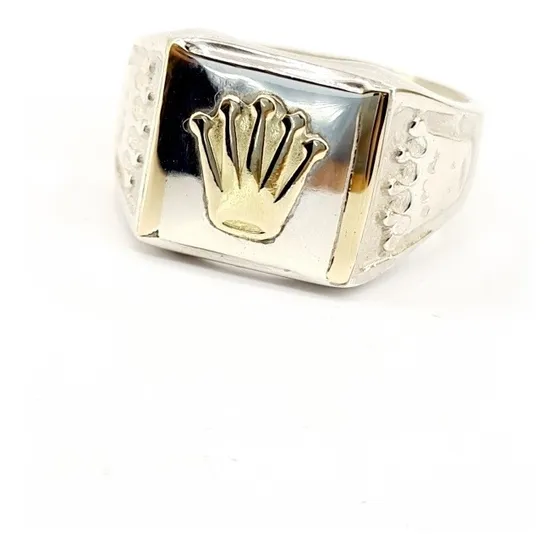 Anillo Sello De Hombre Plata 925 Y Oro Con Coronas 